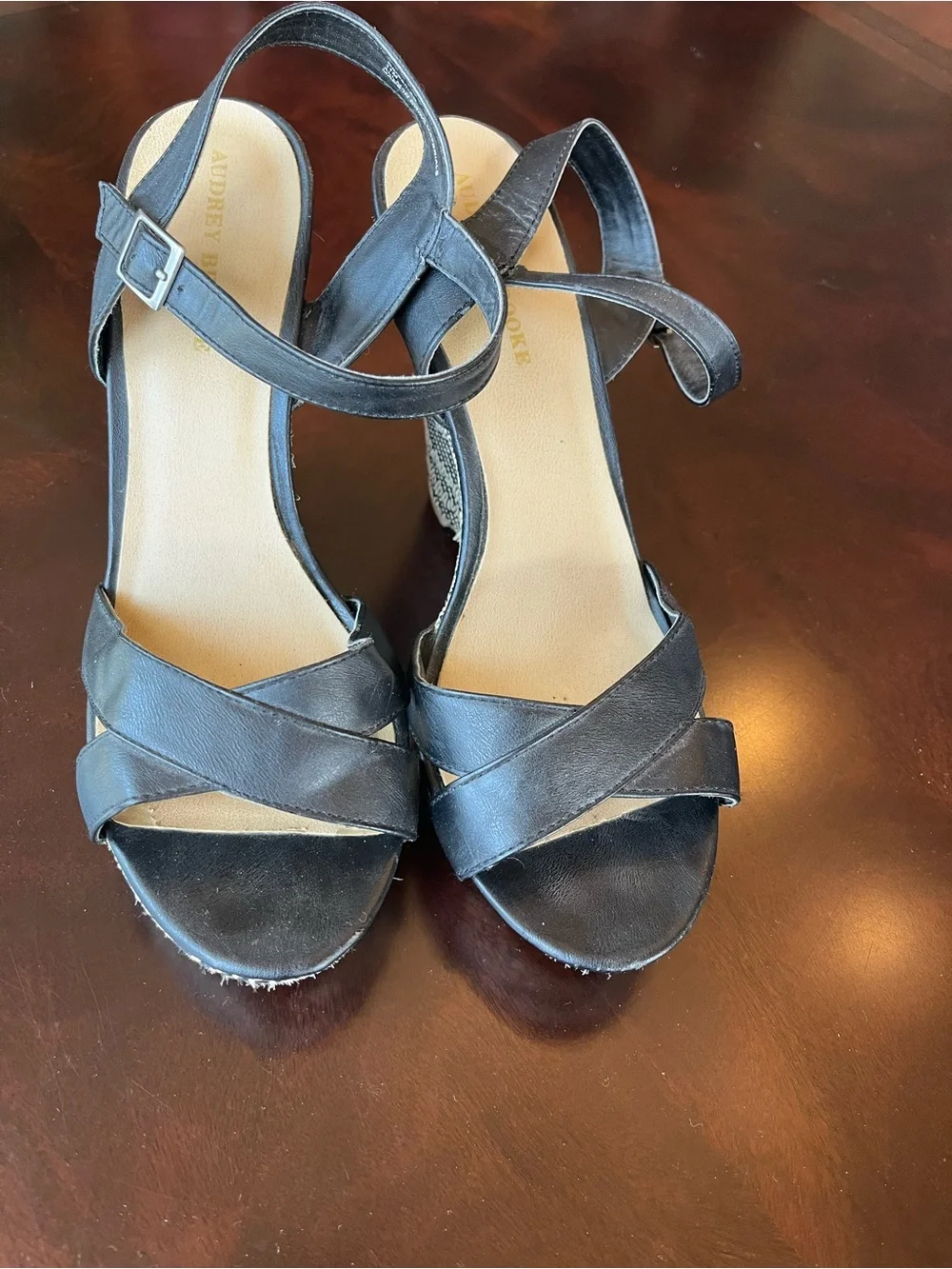 Audrey Brooke Black Strappy Wedges with Patterned Rope Heel